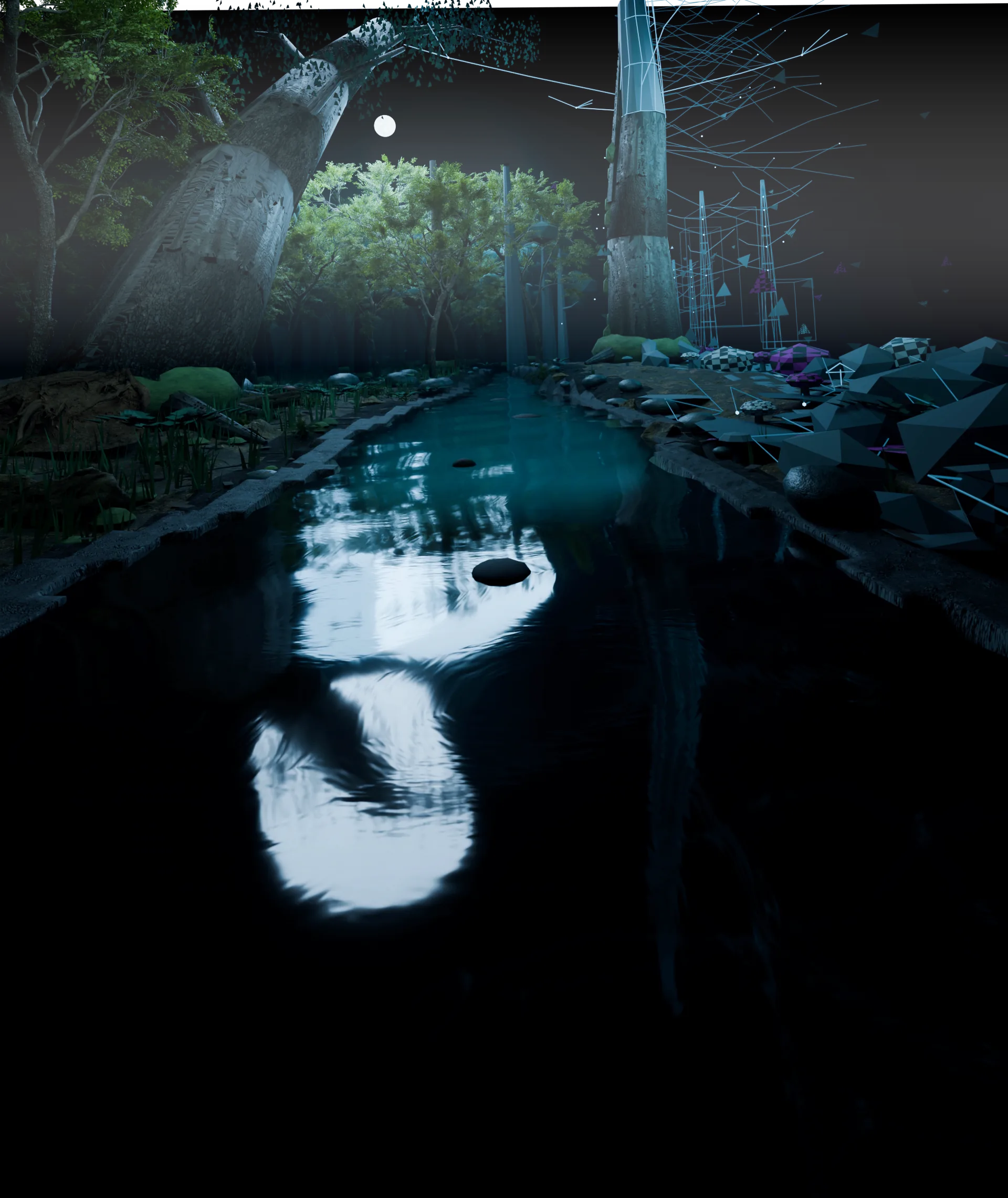 Night forest dissolving left to right into wireframe geometry, the frame continuing down into the moonlit puddle until the water goes black
