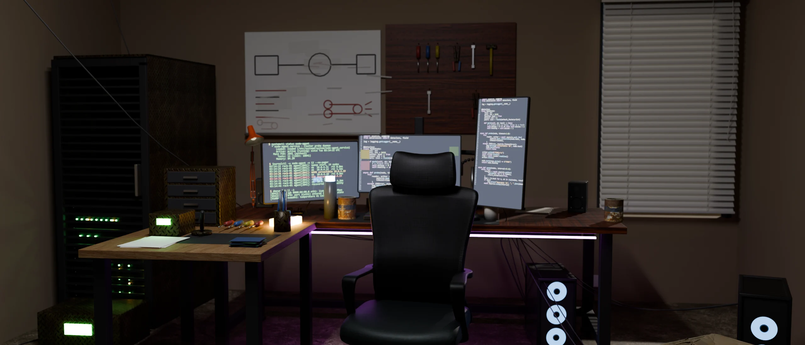 Homelab at night: a server rack, monitors showing systemd output, and a network diagram on a whiteboard