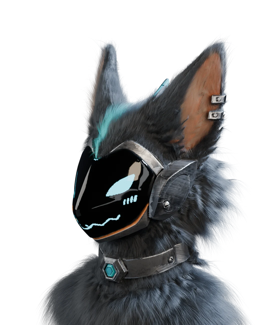 Vanta: a dark grey wolf wearing a glossy black visor with teal glow and metal hardware